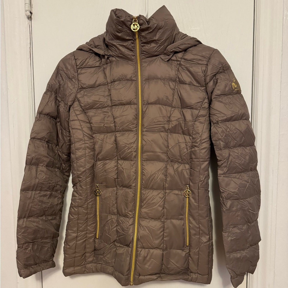 MICHAEL Michael Kors Taupe Puffer Jacket with Gold Accents